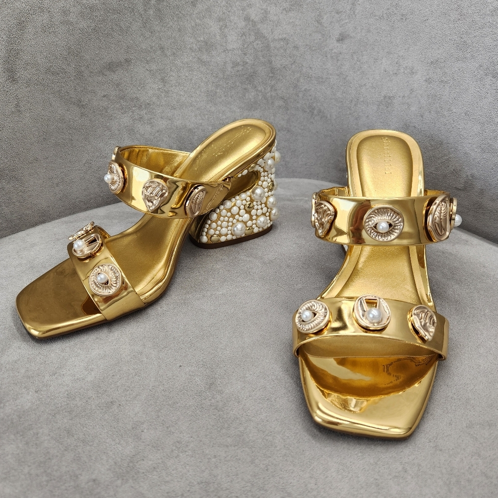 Gianni Bini Dress Sandals 9.5 Gold Penei Architectural Chunky Jewel Heel New$150 - Picture 7 of 17